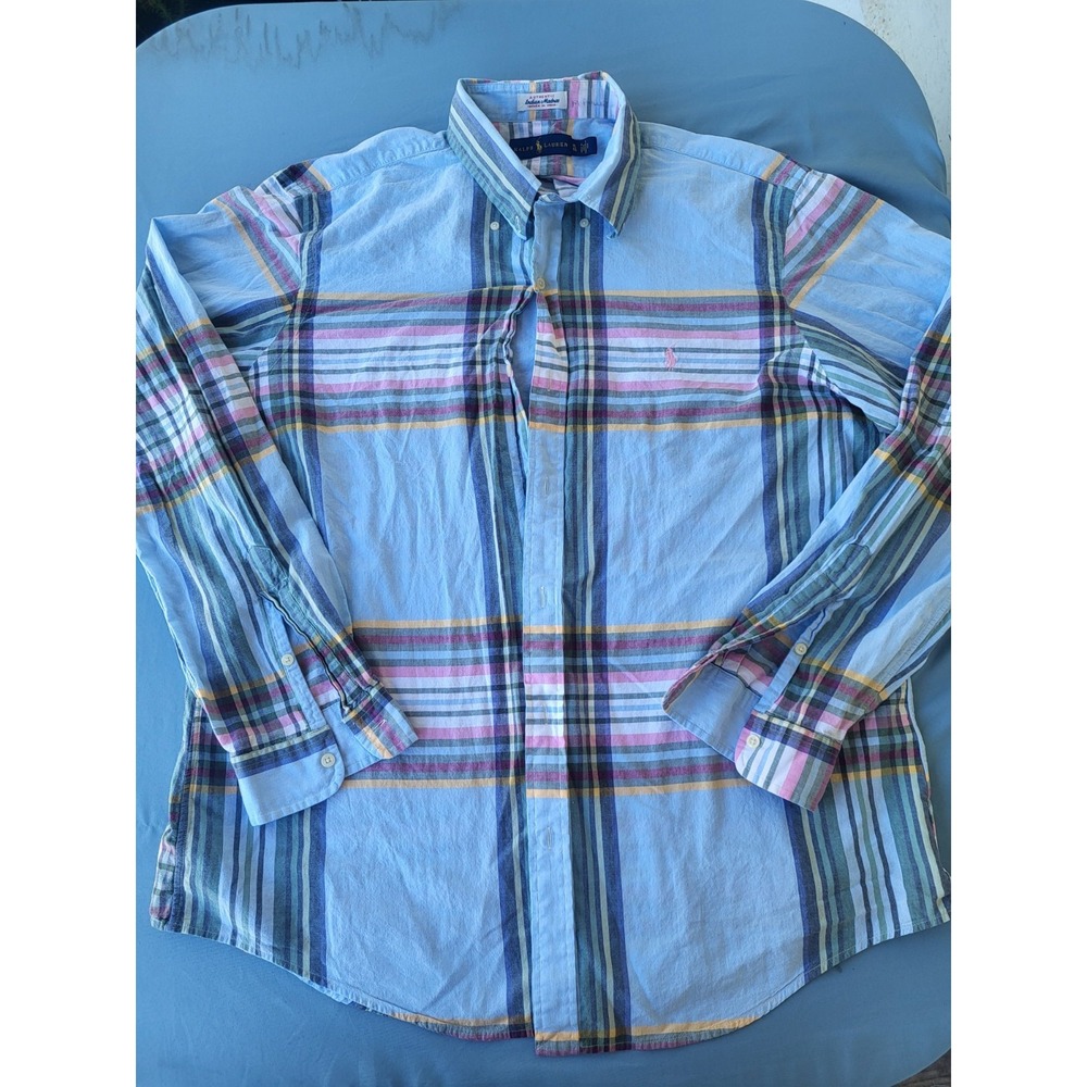 Ralph Lauren Authentic Indian Madras Plaid Blue Multicolor Shirt XL Classic Fit